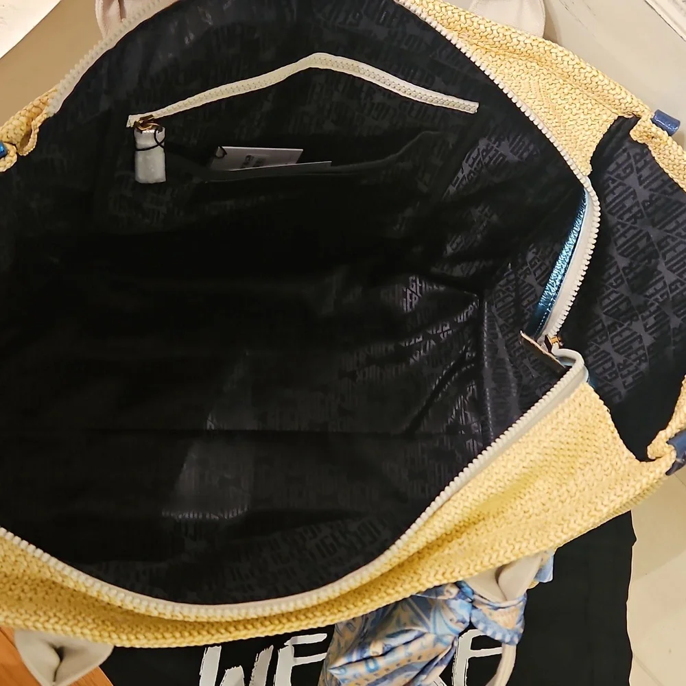 NEW Kurt Geiger Large Southbank Zip Top Shopper: Woven Beige W/ Blue Tones - Picture 8 of 10
